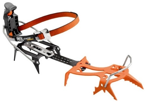 Petzl Dart. In many ways a polar opposite of Grivel Rambo 4. Very light and reportedly highly sensitive due to horizontal and minimal frame. Configuration of secondary points seems very good, although it has no smaller additional point between frontpoint and outside secondary point. Furthermore, secondary points could benefir from being a tad longer and facing outwards. Also, points facing backwards woulkd work better for hooking if they were polaced further to the back (or maybe those backmost orange points could have similar shape than the back part of secondary point). Credit: Petzl promo photo, Licensed under: Public Domain.